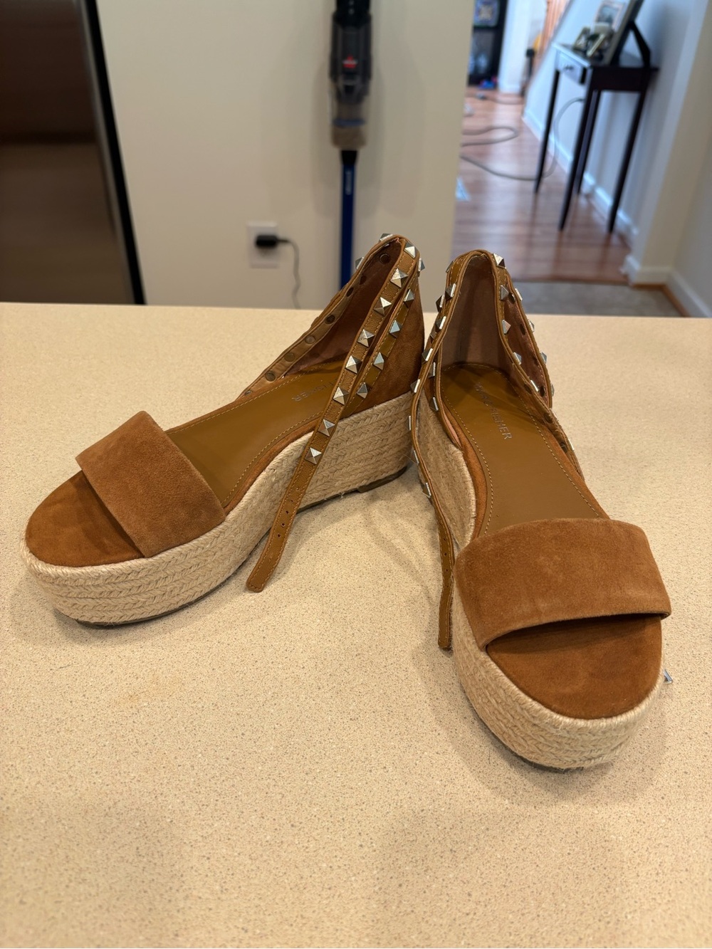 Marc Fisher Tan Suede Espadrille Wedge Sandals with Studded Ankle Straps